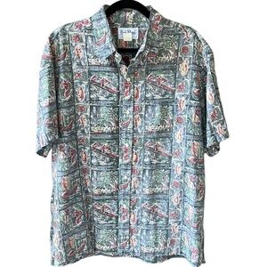Rai Nani Vintage Men’s Made in Hawaii Shirt Grid Tribal Fishing Print Large